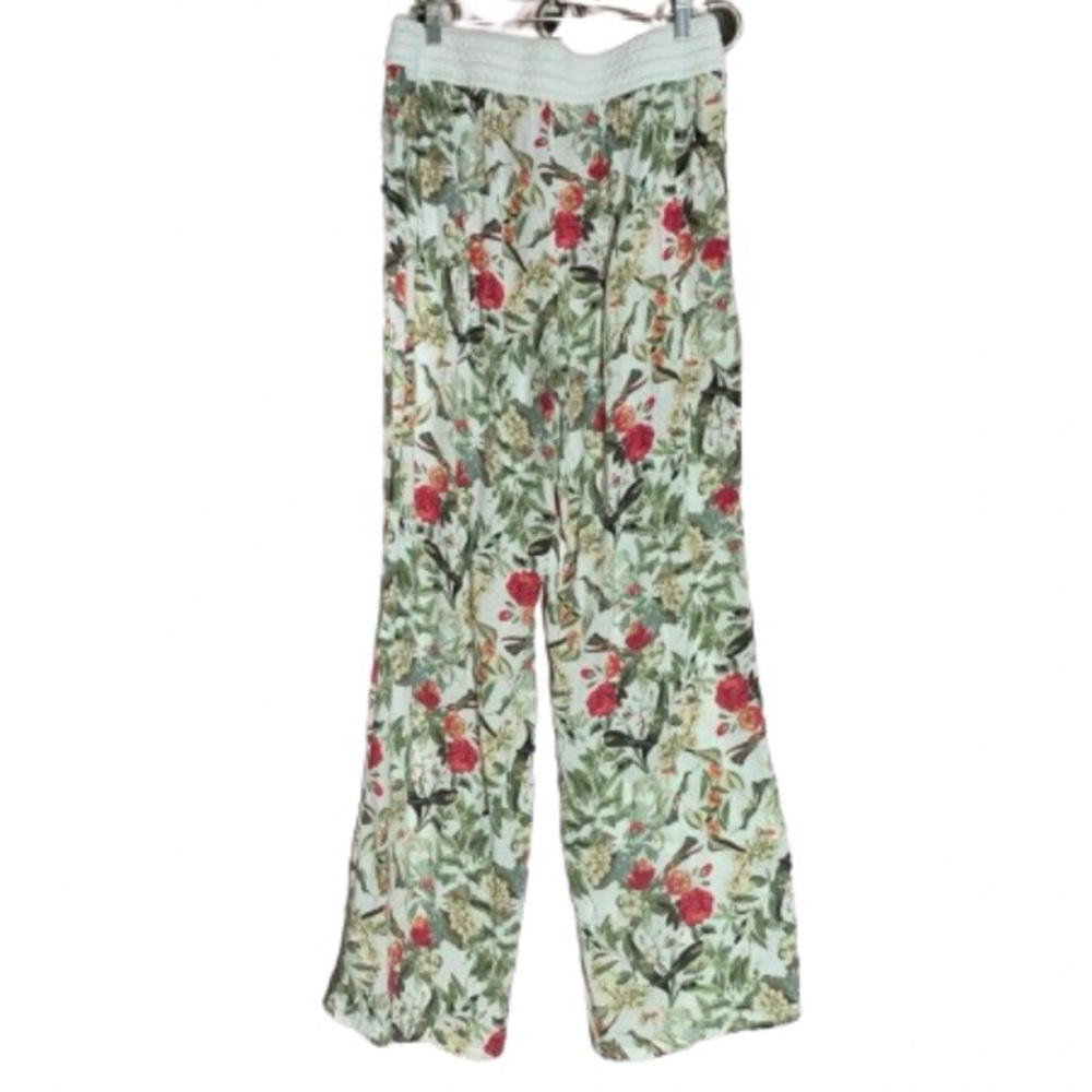 Skies the Limit Palazzo Pants White Floral & Hummingbird Print High Rise